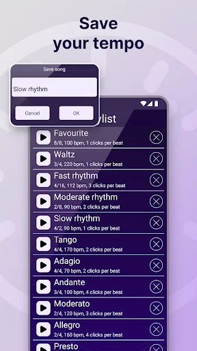 Save tempo feature showing rhythm playlist with Waltz, Tango, Adagio presets and custom BPM settings