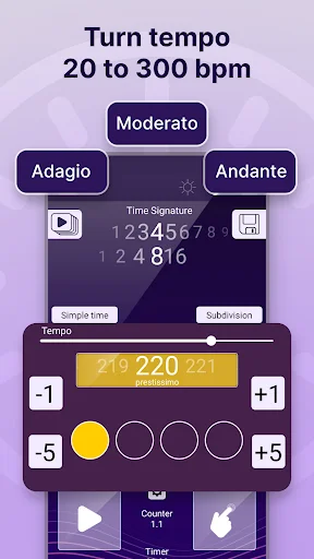 Metronome tempo selector from 20-300 BPM with Adagio, Moderato, Andante preset buttons at 220 BPM