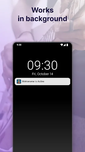 Metronome running in background mode shown on phone lock screen with active notification at 09:30