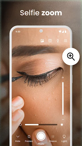 Selfie zoom magnification feature in mirror app for precise eyeliner and detailed makeup work