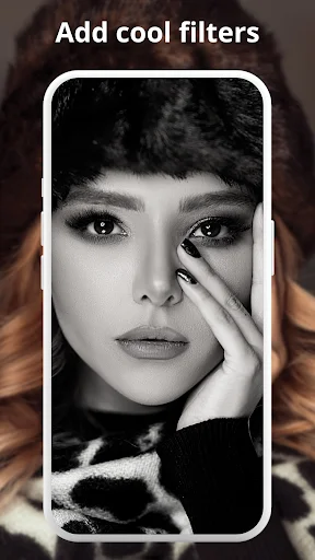 Black and white photo filter applied in mirror app for creative beauty and makeup photography
