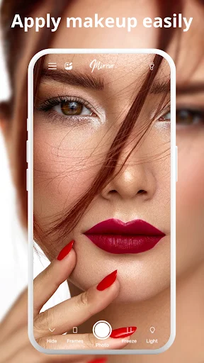 Woman applying red lipstick using phone mirror app makeup mode for easy beauty touch-ups