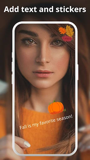 Mirror app text and sticker overlay feature with fall season decorative elements on selfie photo
