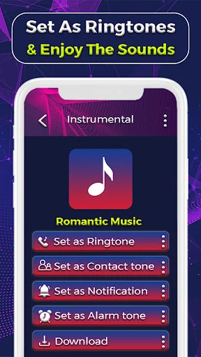 Romantic music ringtone interface with action buttons to set as ringtone, contact tone, notification, alarm, or download