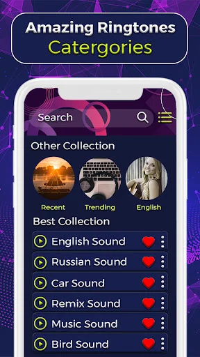 Ringtone categories screen showing English, Russian, car, remix, music, and bird sounds with search and favorites