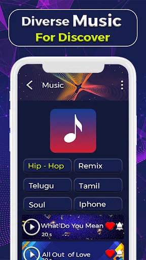 Music ringtones discovery interface with hip-hop, remix, Telugu, Tamil, soul, and iPhone genre filter options