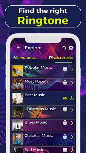 Explore ringtones page showing category collections: popular, best, Christmas, blues, classical, and sad music