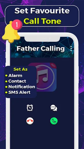 Call tone customization for 'Father Calling' with options to set as alarm, contact, notification, or SMS alert