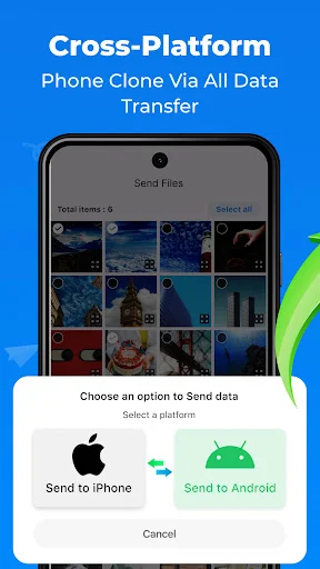 Phone Switch cross-platform cloning dialog allowing users to choose between Send to iPhone or Send to Android for data transfer