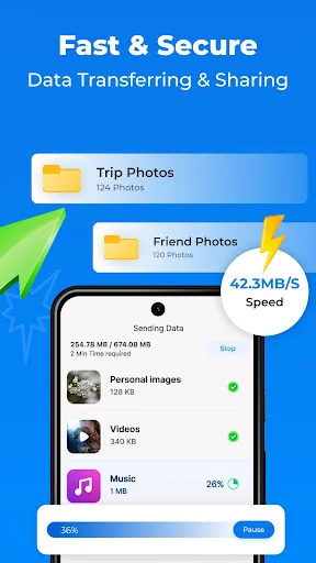 Phone Switch fast and secure data transfer showing 42.3 MB/S transfer speed with file categories: Personal Images, Videos, Music progress indicators