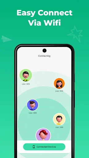 Phone Switch easy WiFi connection interface displaying multiple connected devices with user avatars and Connected Devices button