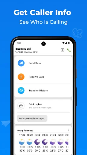 Get Caller Info display showing incoming calls, send/receive data options, transfer history, and hourly weather forecast