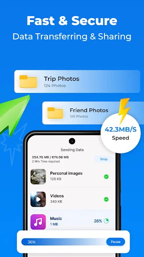 Fast & Secure transfer: 42.3MB/S speed showing photos, videos, music progress bar at 56% complete during device data sync