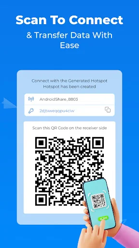 Scan To Connect: QR code for phone data transfer with Android hotspot details and hand scanning code on receiver device