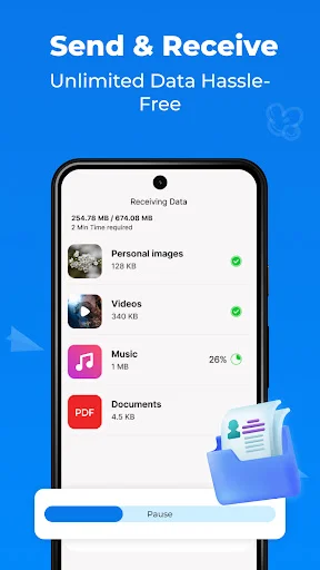 Send & Receive unlimited data: File transfer progress showing Personal Images, Videos, Music, and Documents reception status
