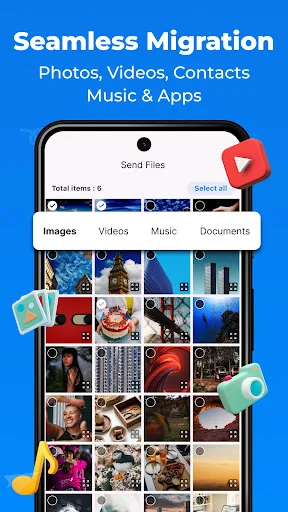 Phone Switch app showing seamless migration of photos, videos, contacts, music and apps with grid gallery interface and file categories tabs