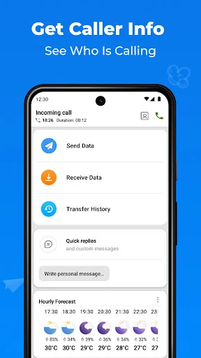 Phone Switch caller info screen displaying incoming call details with Send Data, Receive Data, Transfer History options and hourly weather forecast