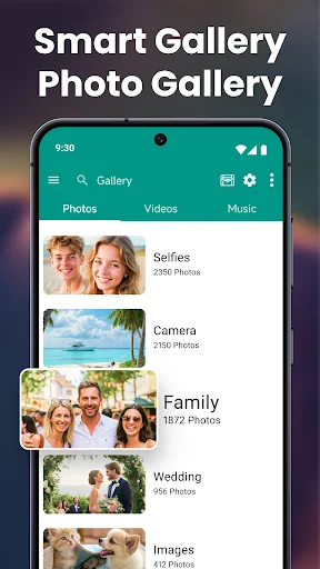 Smart Gallery home screen with organized photo categories: Selfies, Camera, Family, Wedding, and Images folders