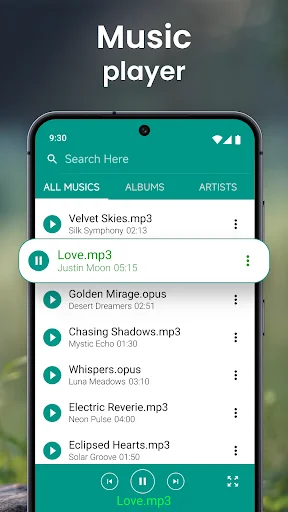 Music player showing song list with playback controls, album tabs, and audio file management