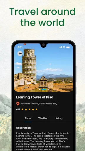 Travel guide screen showing Leaning Tower of Pisa landmark details with location address, 4.8-star rating, and information tabs for About, Weather, and History