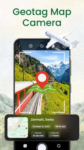 Geotag Map Camera app showing a geotagged mountain landscape photo with red location pin overlay, map thumbnail, and GPS coordinates for Zermatt, Switzerland
