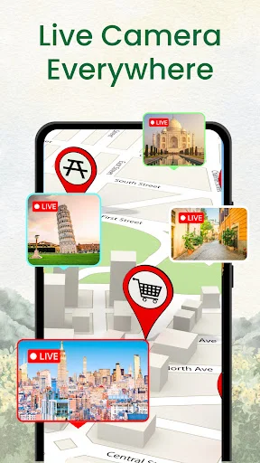 Live Camera Everywhere interface showing a street map with multiple red location pins and live video feed thumbnails from various landmark locations worldwide