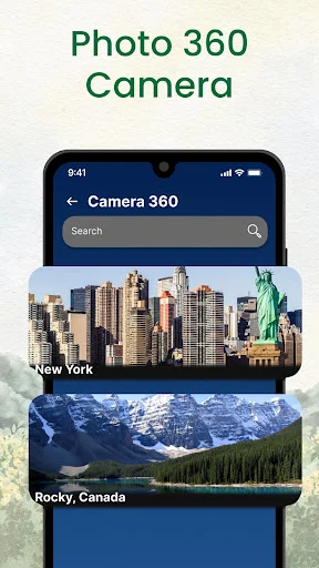 Photo 360 Camera feature displaying 360-degree panoramic photos of popular destinations including New York City and Rocky, Canada with search functionality