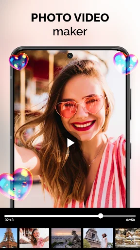 Pixgram photo video maker interface showing slideshow preview with play button and timeline of selected images