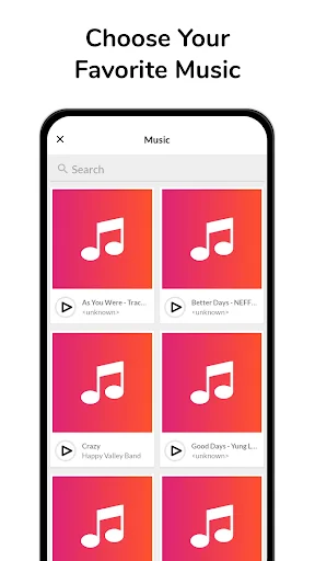 Music library screen with search bar and grid of songs for adding to video slideshow