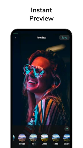 Instant preview of video with applied filters, showing Rouge, Tusc, Versa, Slide, Blurz options
