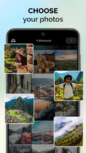 Choose photos screen in Pixgram app displaying grid of travel moments for creating video slideshow