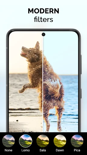 Modern filters screen showing dog photo with before/after filter comparison and filter options below