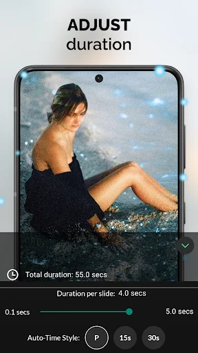 Adjust duration settings showing 55 second total video length with per-slide timing controls