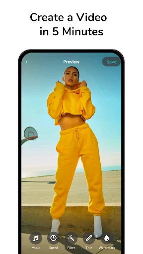 Pixgram video creation screen with 5-minute promise, showing preview and editing toolbar