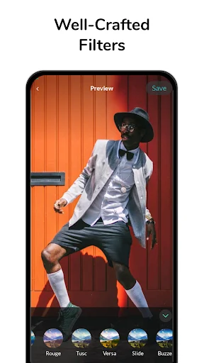 Well-crafted filters preview showing stylish photo with Rouge, Tusc, Versa, Slide, Blurz filter options