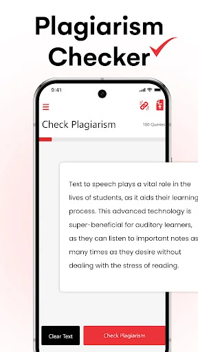 Plagiarism Checker app main interface with text input area and red Check Plagiarism button for detecting duplicate content