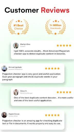 Customer Reviews section with 5-star ratings and testimonials praising app's duplicate content detection accuracy