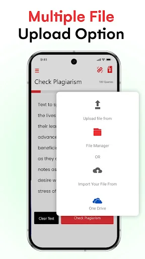 Multiple file upload options including File Manager, file selection, and OneDrive integration for plagiarism checking