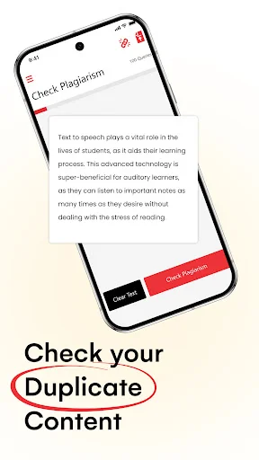 Plagiarism Checker mobile app interface displaying Check Plagiarism feature for detecting duplicate content