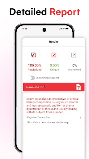 Detailed plagiarism report showing plagiarized content percentage, unique content, and PDF download button