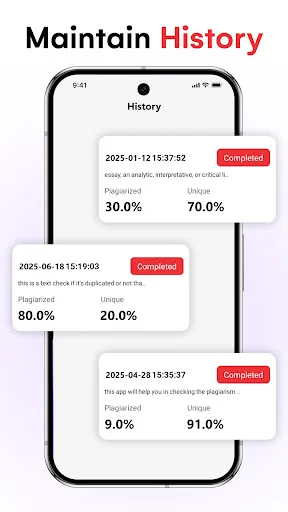 History maintenance feature displaying previous plagiarism checks with dates, status, and plagiarized percentages