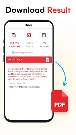 Download Result feature allowing users to save plagiarism check results as a PDF file for offline access