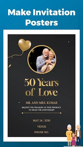 Poster maker showing golden anniversary invitation template with couple photo and event details for celebrations