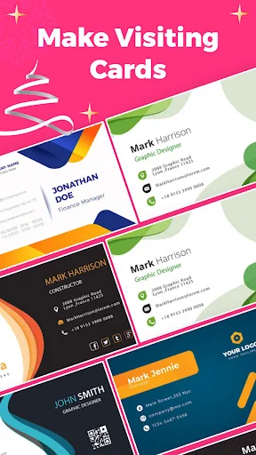 Flyer and visiting card maker displaying multiple colorful business card design templates with professional layouts