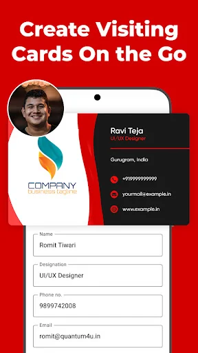 Digital visiting card maker on mobile showing contact card design with professional template and business information