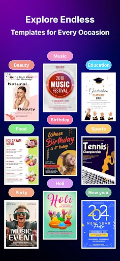 Flyer Maker template gallery: Beauty, Music, Birthday, Party, and Holiday posters for every occasion
