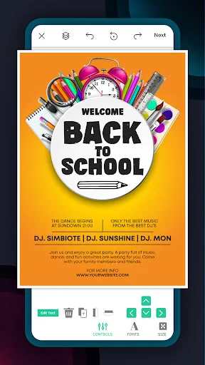 Back to School flyer template with school supplies, orange background, event details, and design editing toolbar options
