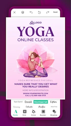 Yoga Online Classes flyer template with purple background, instructor image, lotus design, and text editing features