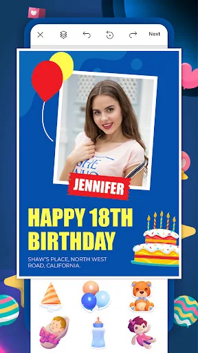 Happy 18th Birthday celebration flyer with blue background, birthday cake, colorful balloons, and party emoji decorations