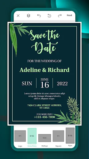 Save the Date wedding announcement with dark green background, botanical designs for Adeline and Richard's wedding event